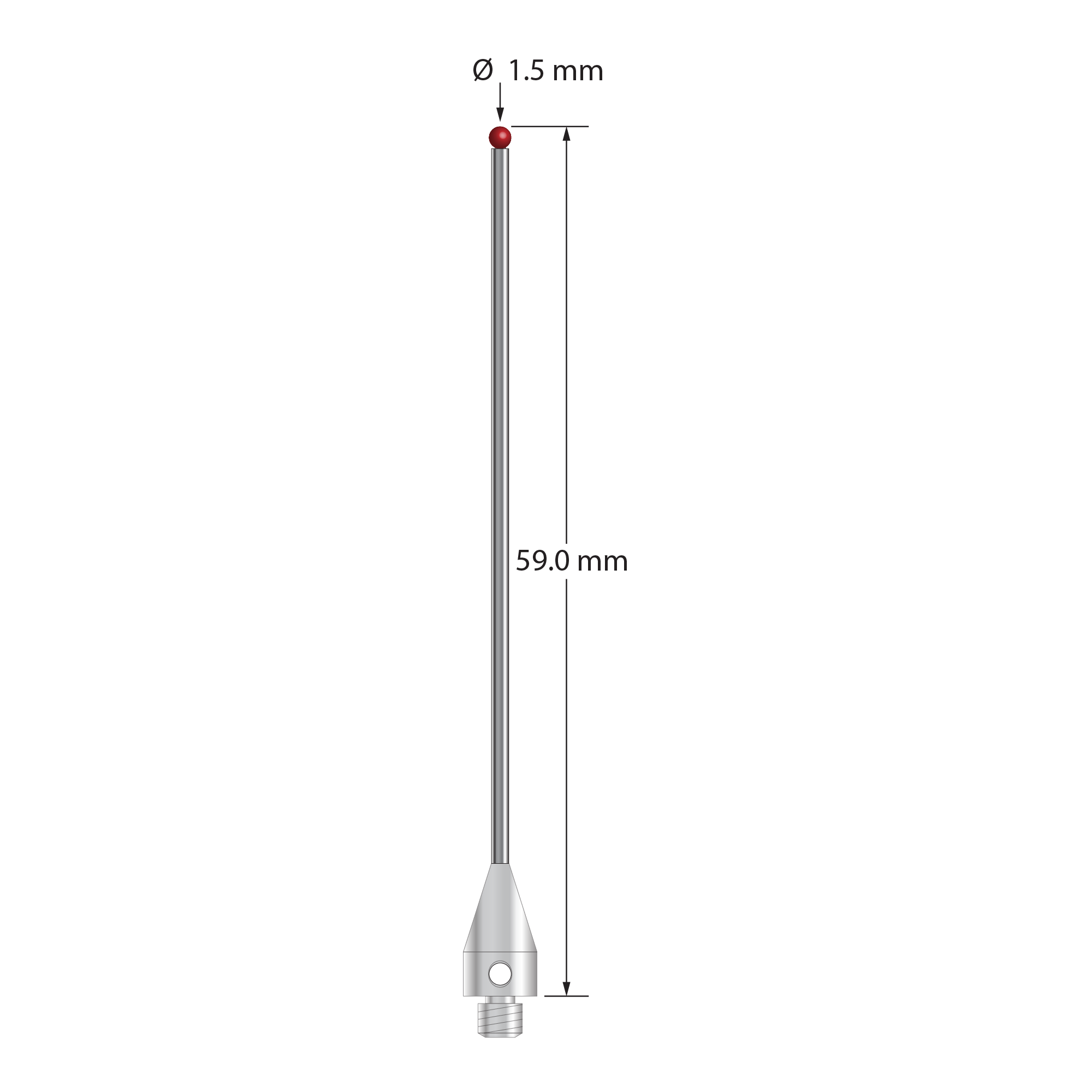 M3 XXT stylus with 1.5 mm diameter ruby ball, 1.0 mm diameter carbide stem, and 5.0 mm diameter x 9.0 mm long titanium base. Overall stylus length is 60.0 mm. Stylus weight is 1.07 grams. Compare to Zeiss 626113-0150-059.