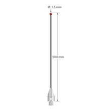 M3 XXT stylus with 1.5 mm diameter ruby ball, 1.0 mm diameter carbide stem, and 5.0 mm diameter x 9.0 mm long titanium base. Overall stylus length is 60.0 mm. Stylus weight is 1.07 grams. Compare to Zeiss 626113-0150-059.