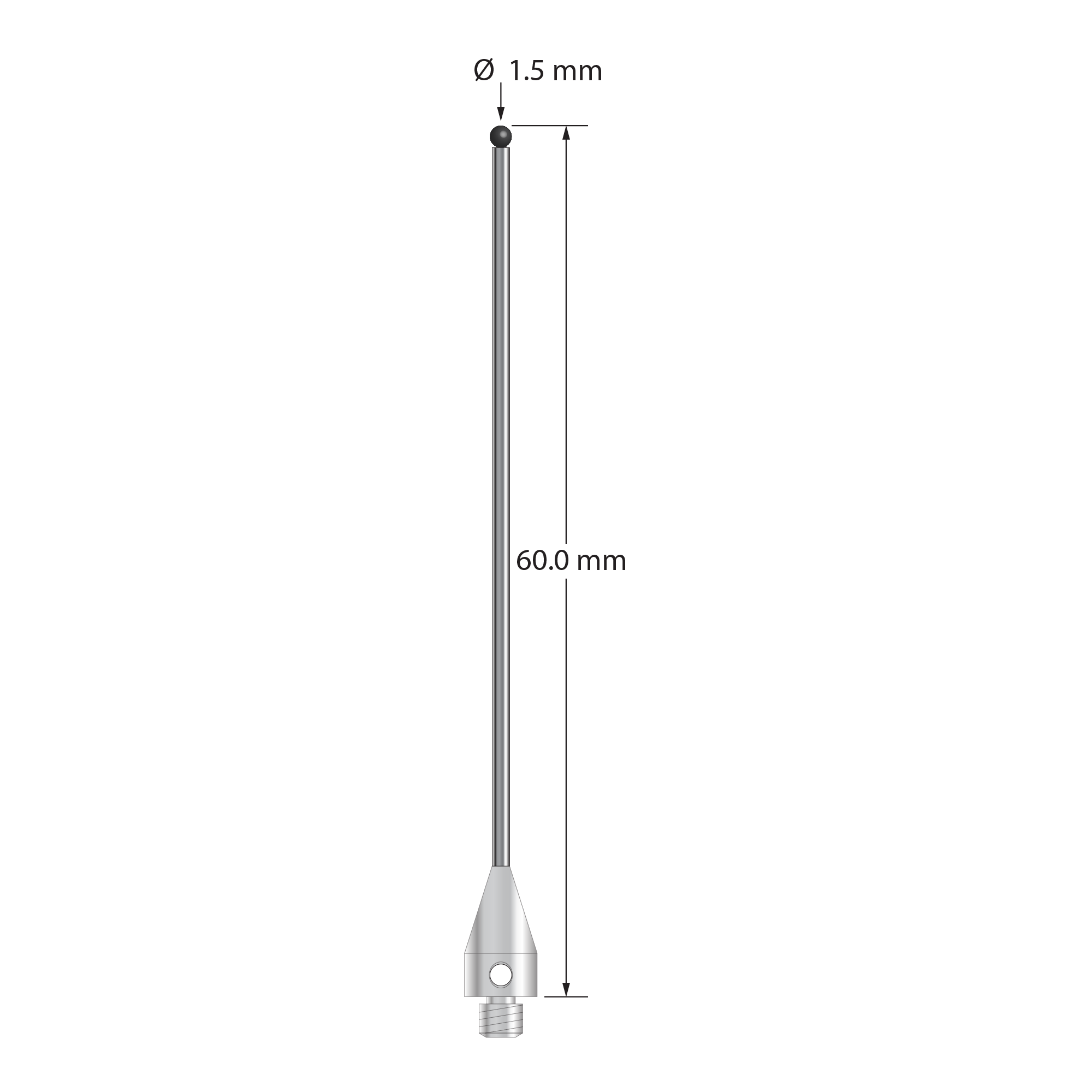 M3 XXT stylus with 1.5 mm diameter silicon nitride ball, 1.0 mm diameter carbide stem, and 5.0 mm diameter x 9.0 mm long titanium base. Overall stylus length is 60.0 mm. Stylus weight is 1.08 grams.
