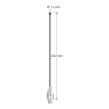 M3 XXT stylus with 1.5 mm diameter silicon nitride ball, 1.0 mm diameter carbide stem, and 5.0 mm diameter x 9.0 mm long titanium base. Overall stylus length is 60.0 mm. Stylus weight is 1.08 grams.