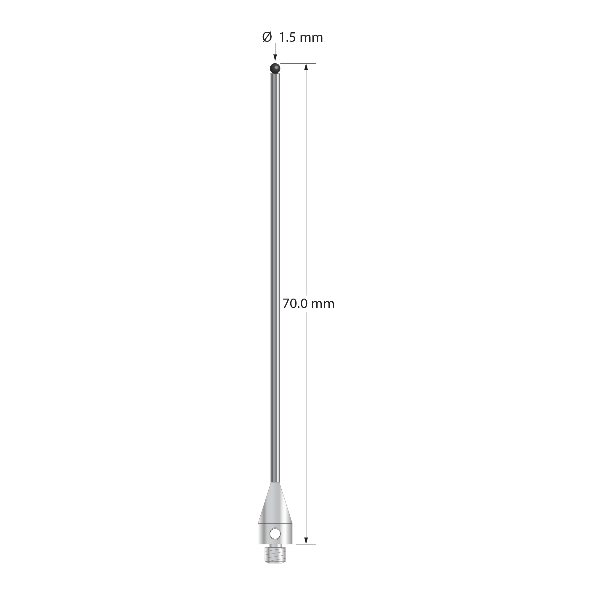M3 XXT stylus with 1.5 mm diameter silicon nitride ball, 1.0 mm diameter carbide stem, and 5.0 mm diameter x 9.0 mm long titanium base. Overall stylus length is 70.0 mm. Stylus weight is 1.29 grams. Compare to Zeiss 626113-0151-070.