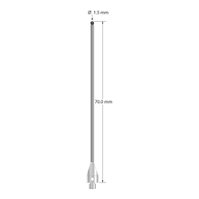 M3 XXT stylus with 1.5 mm diameter silicon nitride ball, 1.0 mm diameter carbide stem, and 5.0 mm diameter x 9.0 mm long titanium base. Overall stylus length is 70.0 mm. Stylus weight is 1.29 grams. Compare to Zeiss 626113-0151-070.