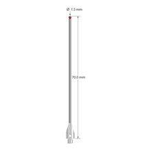 M3 XXT stylus with 1.5 mm diameter ruby ball, 1.0 mm diameter carbide stem, and 5.0 mm diameter x 9.0 mm long titanium base. Overall stylus length is 70.0 mm. Stylus weight is 1.29 grams. Compare to Zeiss 626113-0150-070.