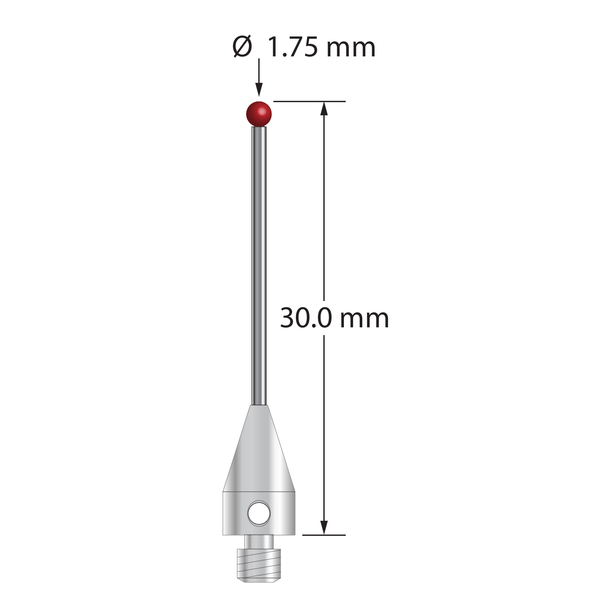 M3 stylus with 1.75 mm diameter ruby ball, 1.0 mm diameter carbide stem, and 5.0 mm diameter x 9.0 mm long titanium base. Overall stylus length is 30.0 mm. Stylus weight is 0.79 grams. Compare to Zeiss 626113-0180-030.