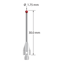 M3 stylus with 1.75 mm diameter ruby ball, 1.0 mm diameter carbide stem, and 5.0 mm diameter x 9.0 mm long titanium base. Overall stylus length is 30.0 mm. Stylus weight is 0.79 grams. Compare to Zeiss 626113-0180-030.