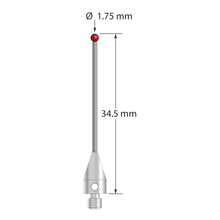 M3 stylus with 1.75 mm diameter ruby ball, 1.0 mm diameter carbide stem, and 5.0 mm diameter x 9.0 mm long titanium base. Overall stylus length is 34.5 mm. Stylus weight is 0.84 gram. Compare to Zeiss 626113-0180-035.