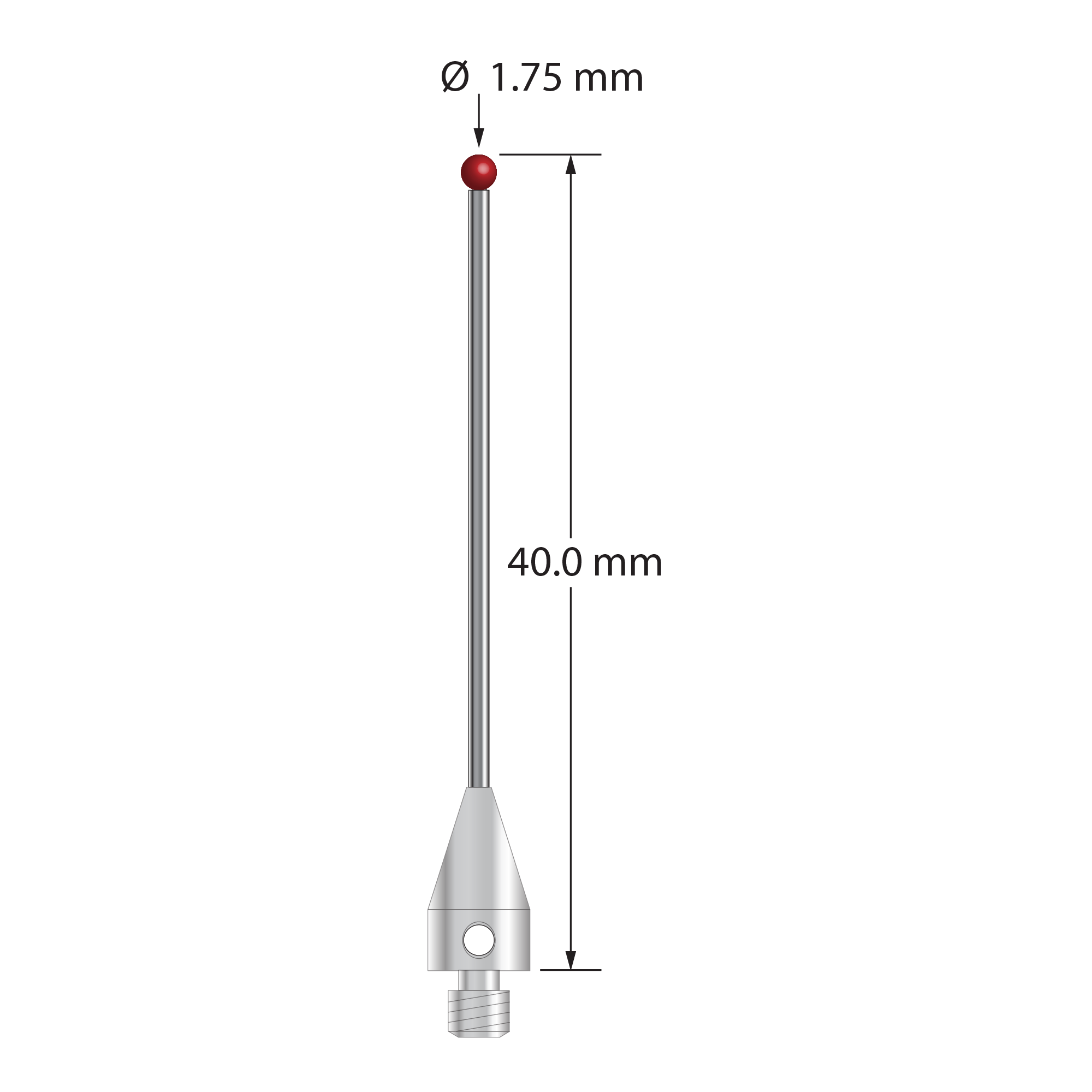 M3 stylus with 1.75 mm diameter ruby ball, 1.0 mm diameter carbide stem, and 5.0 mm diameter x 9.0 mm long titanium base. Overall stylus length is 40.0 mm. Stylus weight is 0.89 grams. Compare to Zeiss 626113-0170-040.