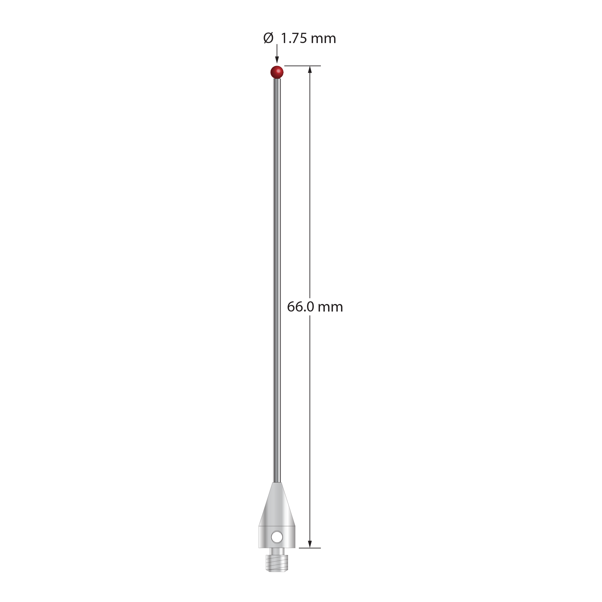 M3 stylus with 1.75 mm diameter ruby ball, 1.0 mm diameter carbide stem, and 5.0 mm diameter x 9.0 mm long titanium base. Overall stylus length is 66.0 mm. Stylus weight is 1.15 grams. Compare to Zeiss 626113-0170-066.