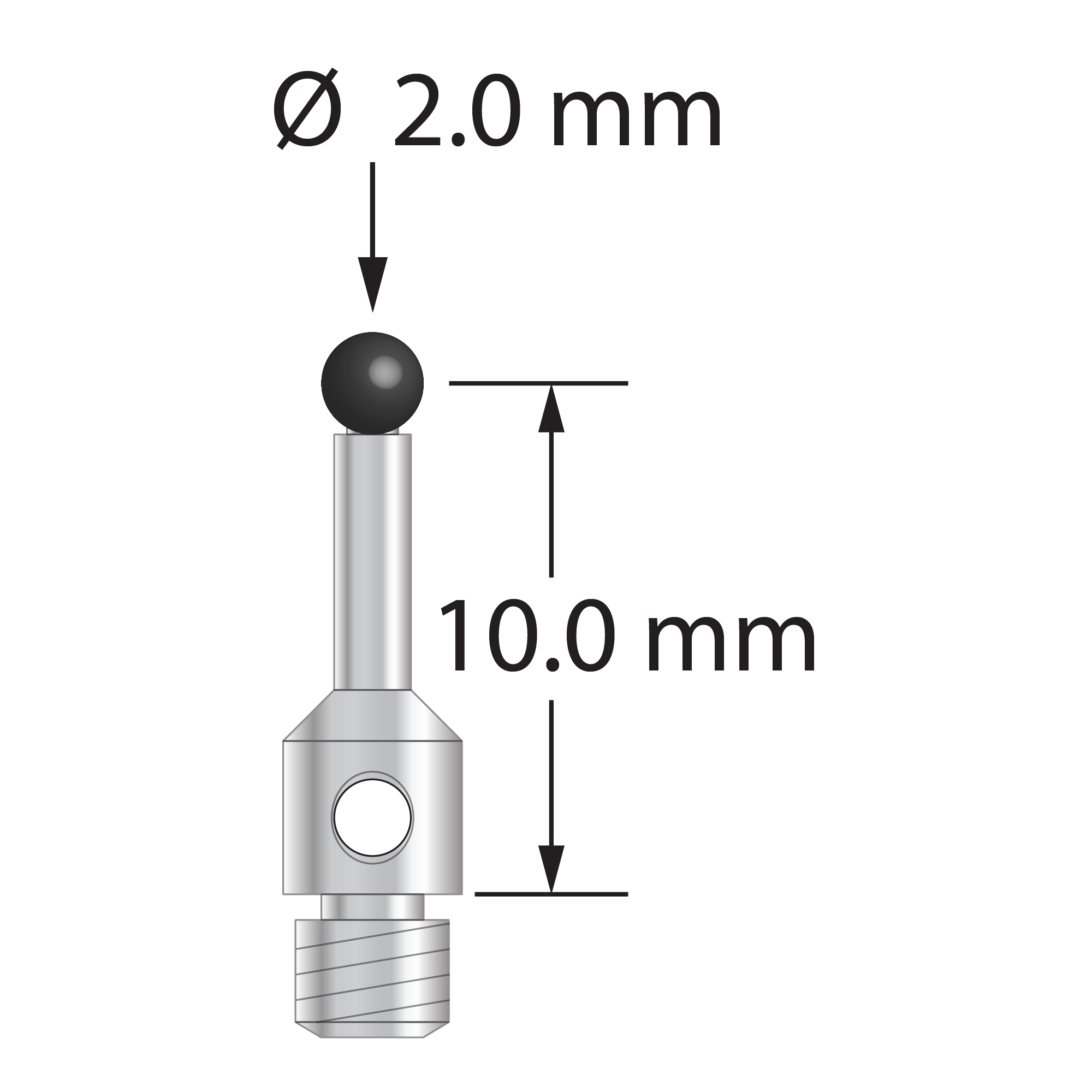 M3 stylus for ROMER arm CMM with 2.0 mm carbide ball, 1.5 mm diameter stainless steel stem, and 3.5 mm diameter stainless steel base. Stylus length to ball center is 10.0 mm. Stylus weight is 0.83 gram.