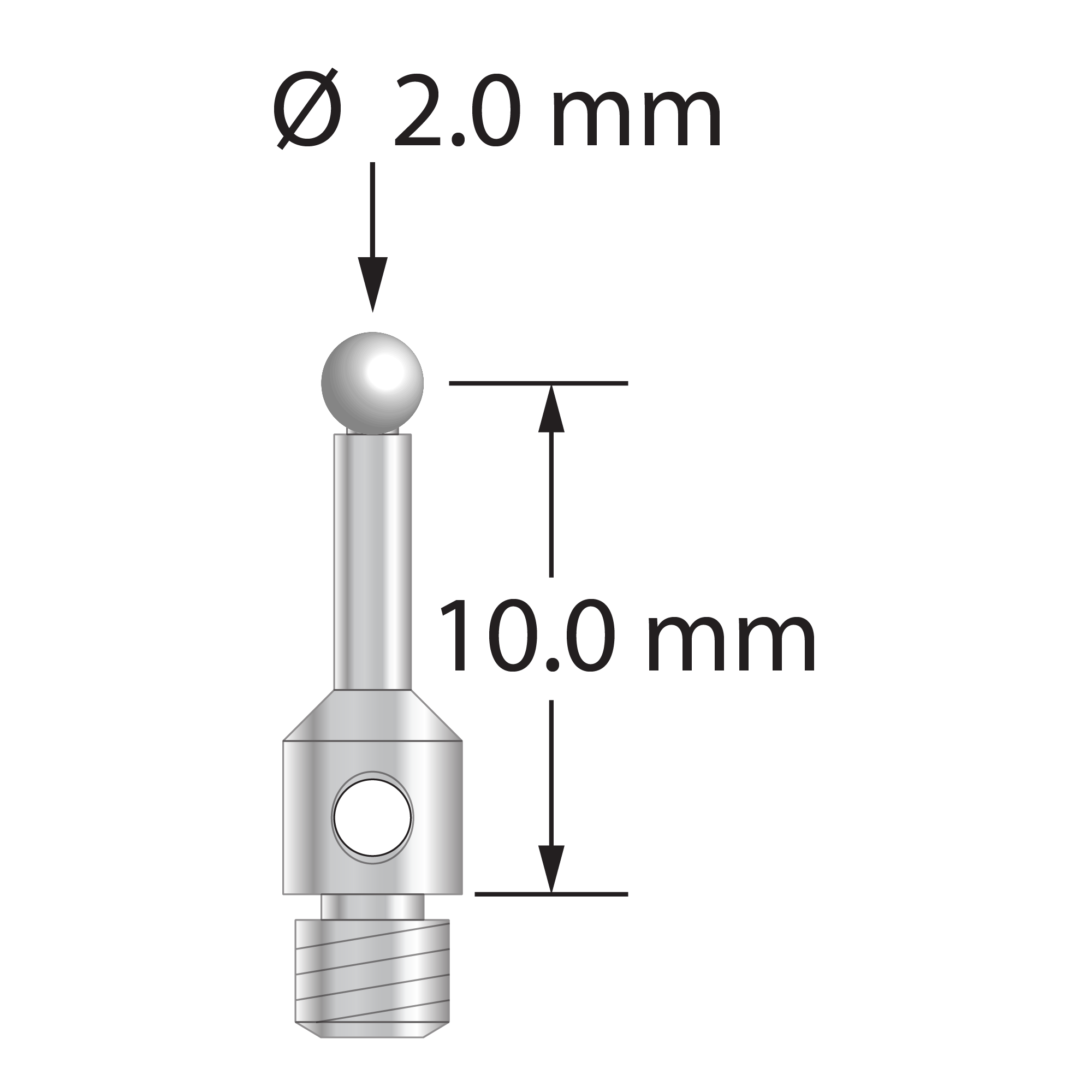 M3 stylus for ROMER arm CMM with 2.0 mm zirconia ball, 1.5 mm diameter stainless steel stem, and 3.5 mm diameter stainless steel base. Stylus length to ball center is 10.0 mm. Stylus weight is 0.83 gram.