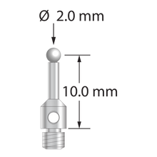 M3 stylus for ROMER arm CMM with 2.0 mm zirconia ball, 1.5 mm diameter stainless steel stem, and 3.5 mm diameter stainless steel base. Stylus length to ball center is 10.0 mm. Stylus weight is 0.83 gram.