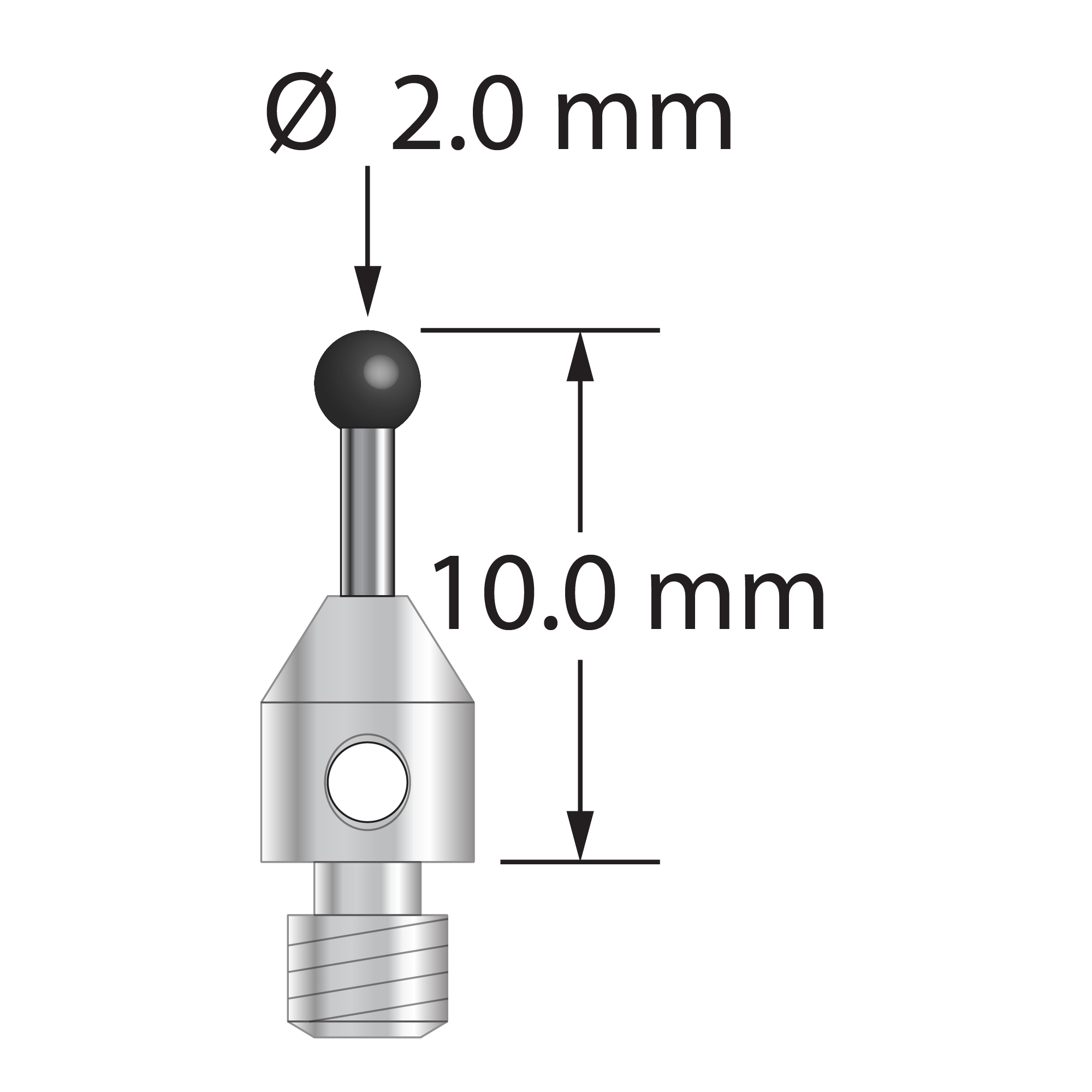 M3 stylus with 2.0 mm diameter silicon nitride ball, 1.0 mm diameter carbide stem, and 4.0 mm diameter x 5.0 mm long stainless steel base. Overall stylus length is 10.0 mm. Stylus weight is 0.52 gram.
