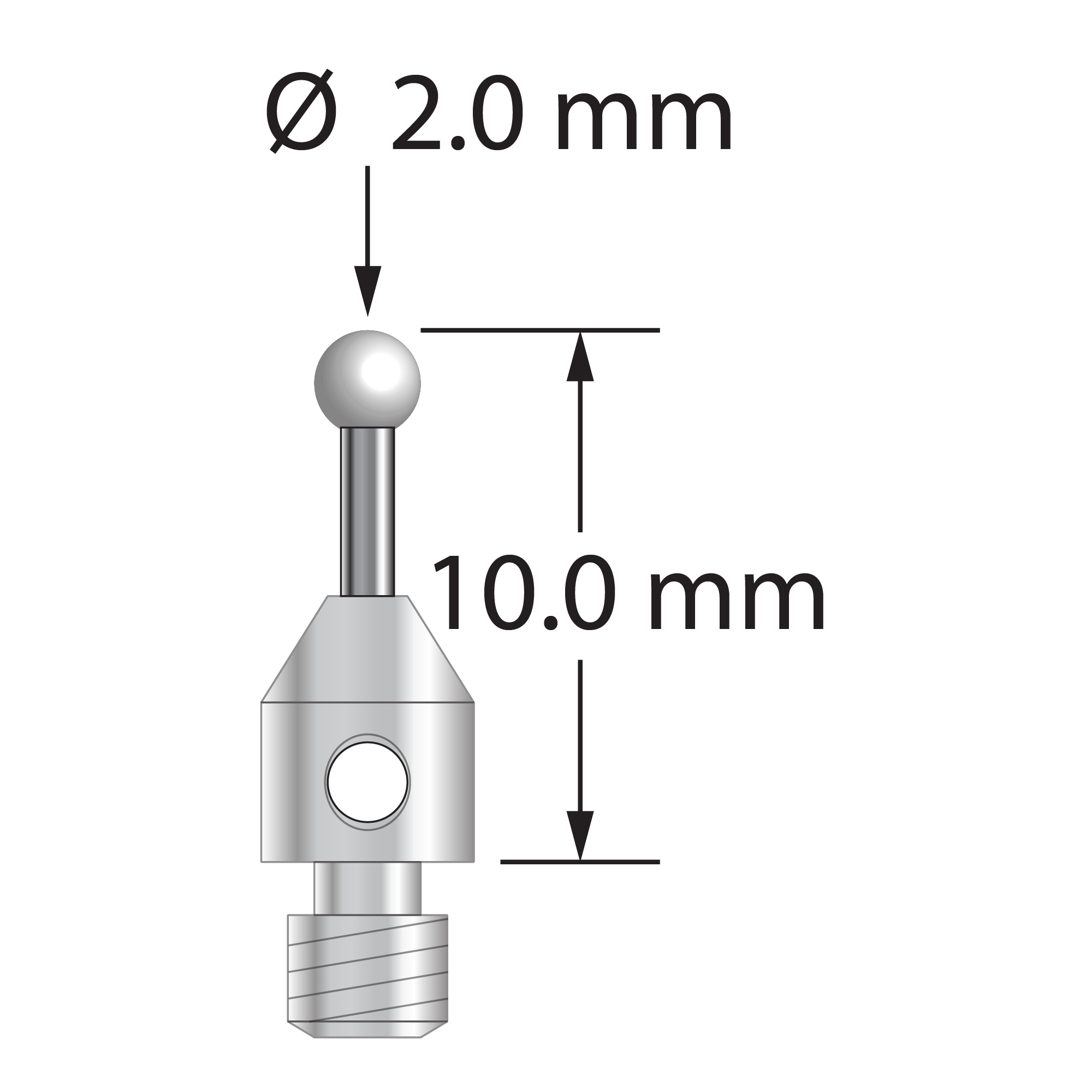 M3 stylus with 2.0 mm diameter zirconia ball, 1.0 mm diameter carbide stem, and 4.0 mm diameter x 5.0 mm long stainless steel base. Overall stylus length is 10.0 mm. Stylus weight is 0.52 gram.