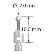 M3 stylus with 2.0 mm diameter zirconia ball, 1.0 mm diameter carbide stem, and 4.0 mm diameter x 5.0 mm long stainless steel base. Overall stylus length is 10.0 mm. Stylus weight is 0.52 gram.