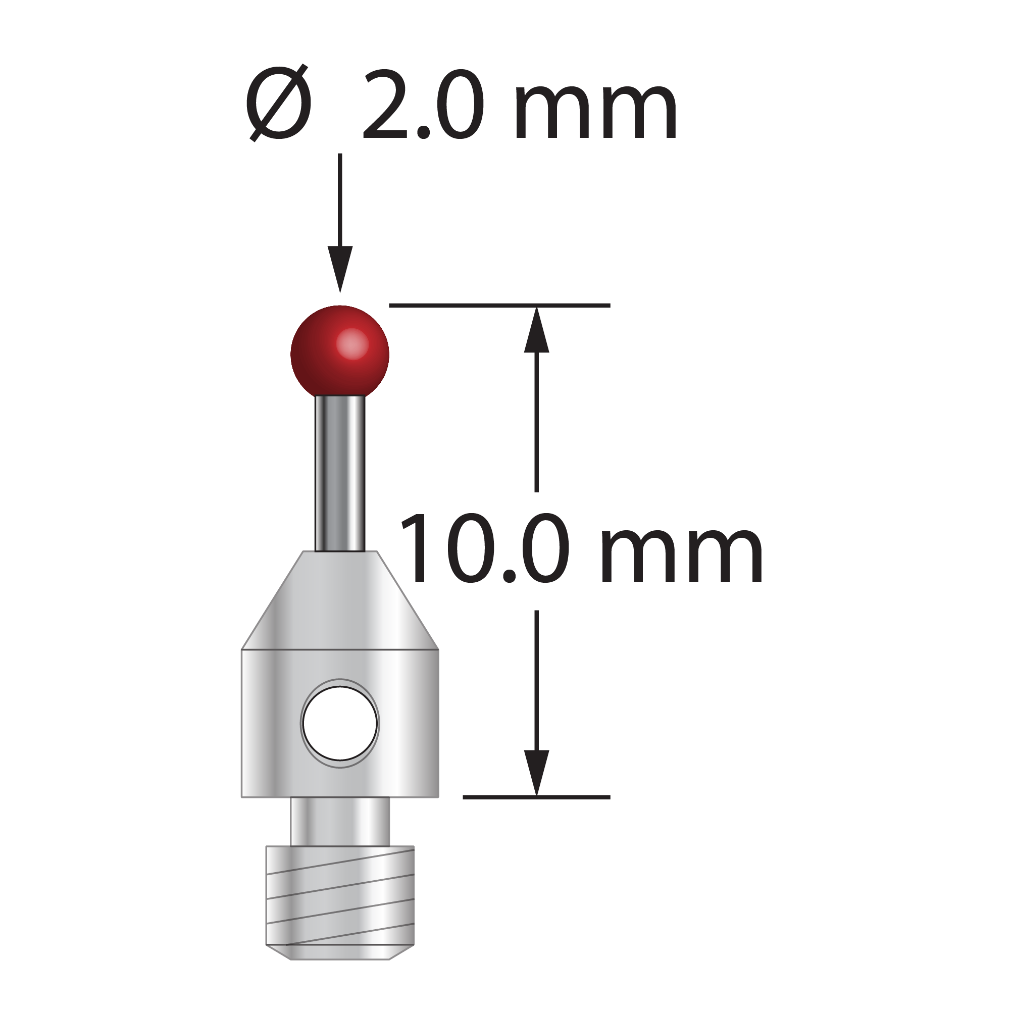 M3 stylus with 2.0 mm diameter ruby ball, 1.0 mm diameter carbide stem, and 4.0 mm diameter x 5.0 mm long stainless steel base. Overall stylus length is 10.0 mm. Stylus weight is 0.52 gram.