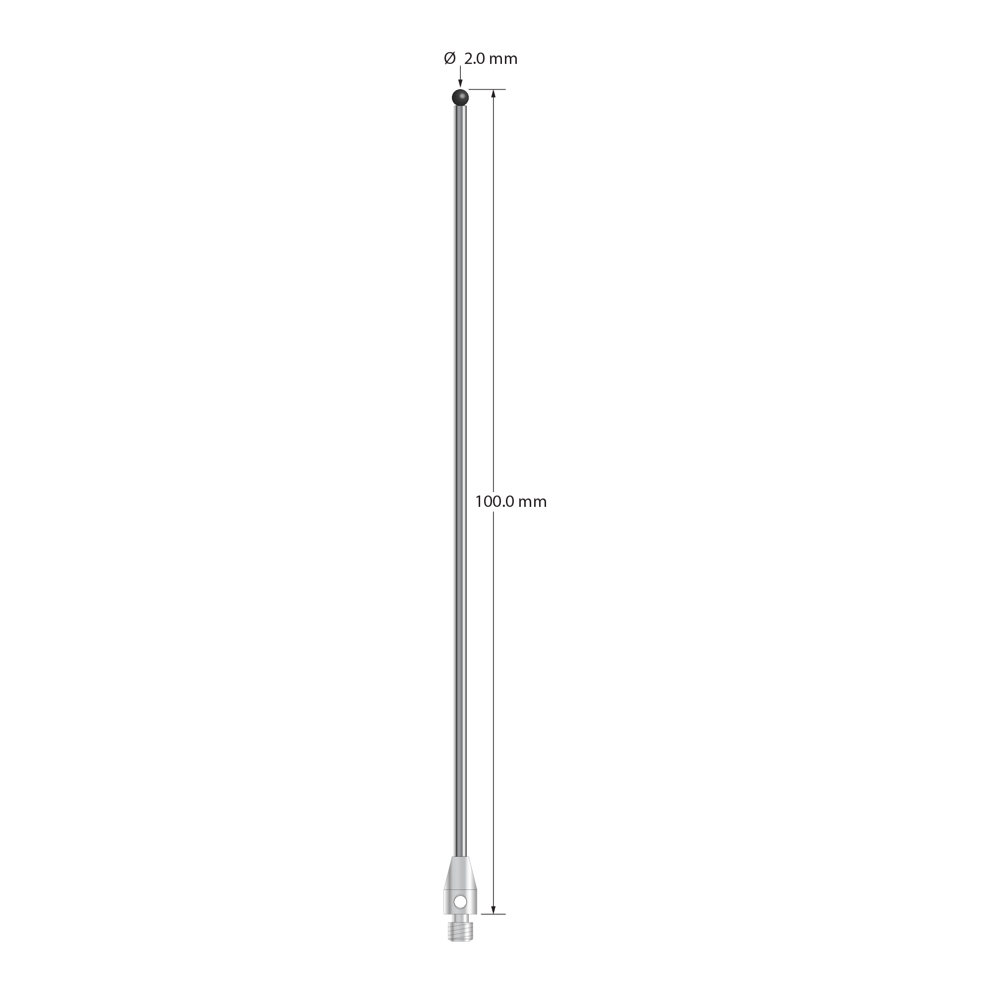 M3 stylus with 2.0 mm diameter silicon nitride ball, 1.5 mm diameter carbide stem, and 4.0 mm diameter x 7.0 mm long stainless steel base. Overall stylus length is 100.0 mm. Stylus weight is 2.97 grams.