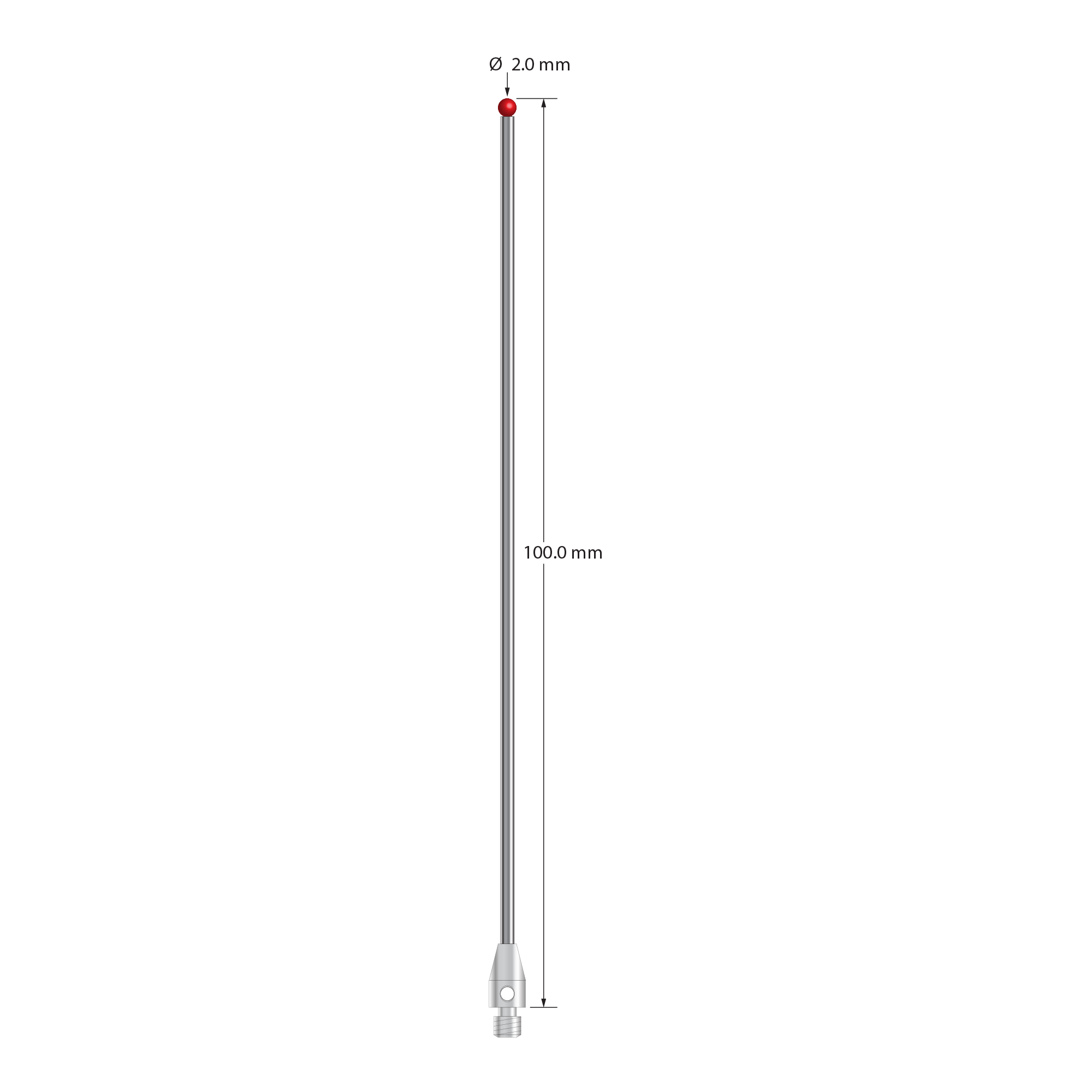 M3 stylus with 2.0 mm diameter ruby ball, 1.5 mm diameter carbide stem, and 4.0 mm diameter x 7.0 mm long stainless steel base. Overall stylus length is 100.0 mm. Stylus weight is 2.97 grams.