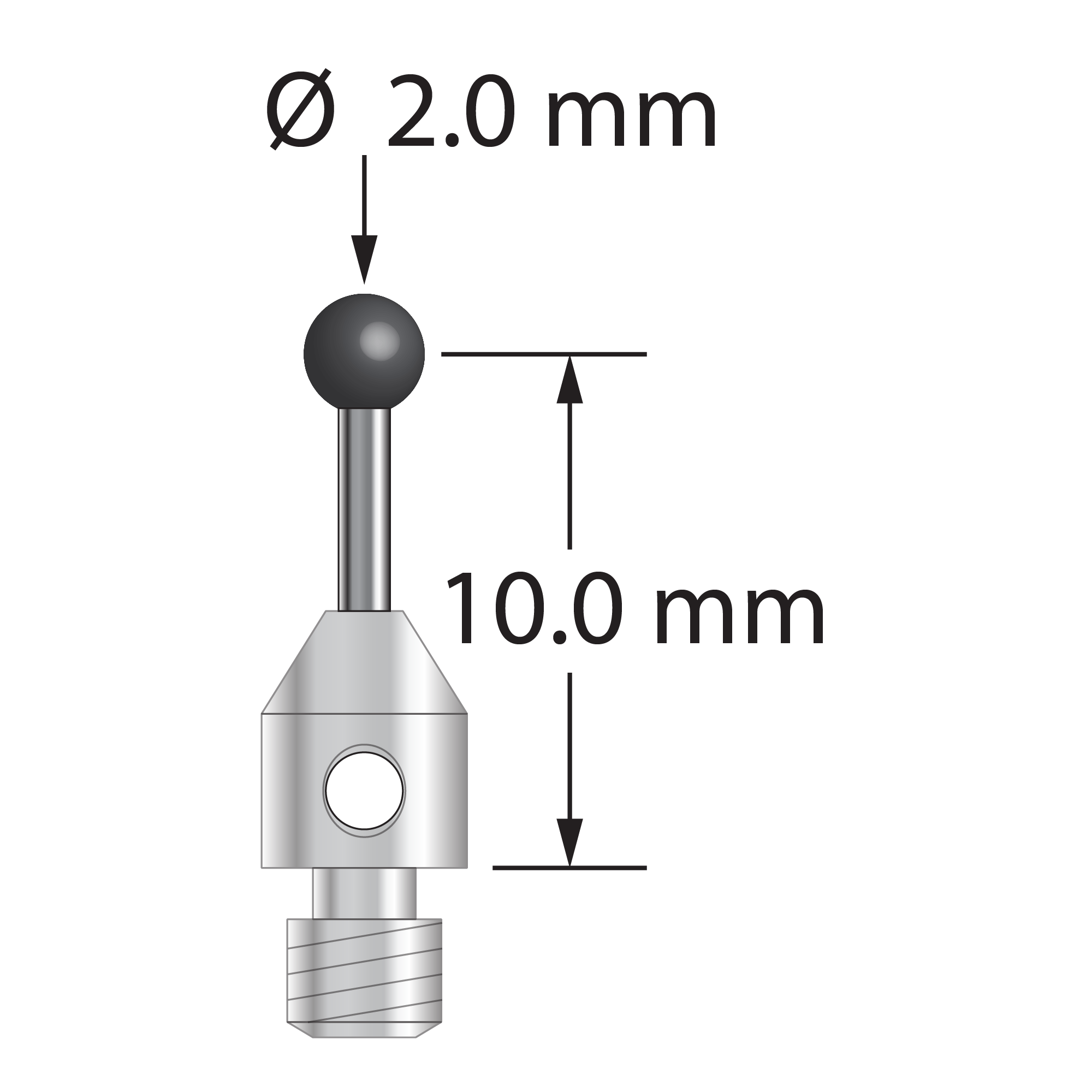 M3 stylus with 2.0 mm diameter carbide ball, 1.0 mm diameter carbide stem, and 4.0 mm diameter x 5.0 mm long stainless steel base. Stylus length to ball center is 10.0 mm. Stylus weight is 0.52 gram. Compare to Carbide Probes 260-2-TCS.