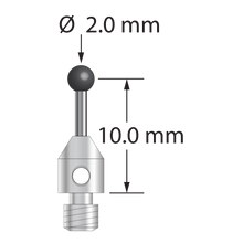 M3 stylus with 2.0 mm diameter carbide ball, 1.0 mm diameter carbide stem, and 4.0 mm diameter x 5.0 mm long stainless steel base. Stylus length to ball center is 10.0 mm. Stylus weight is 0.52 gram. Compare to Carbide Probes 260-2-TCS.