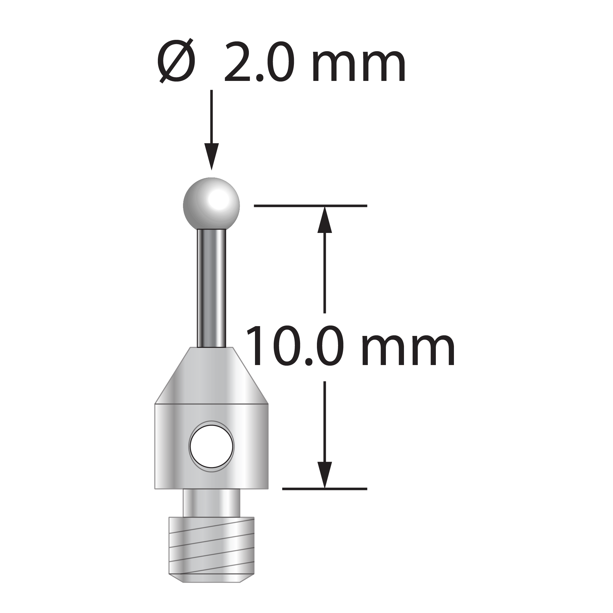 M3 stylus with 2.0 mm diameter zirconia ball, 1.0 mm diameter carbide stem, and 4.0 mm diameter x 5.0 mm long stainless steel base. Stylus length to ball center is 10.0 mm. Stylus weight is 0.52 gram.