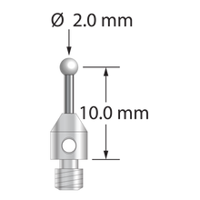 M3 stylus with 2.0 mm diameter zirconia ball, 1.0 mm diameter carbide stem, and 4.0 mm diameter x 5.0 mm long stainless steel base. Stylus length to ball center is 10.0 mm. Stylus weight is 0.52 gram.
