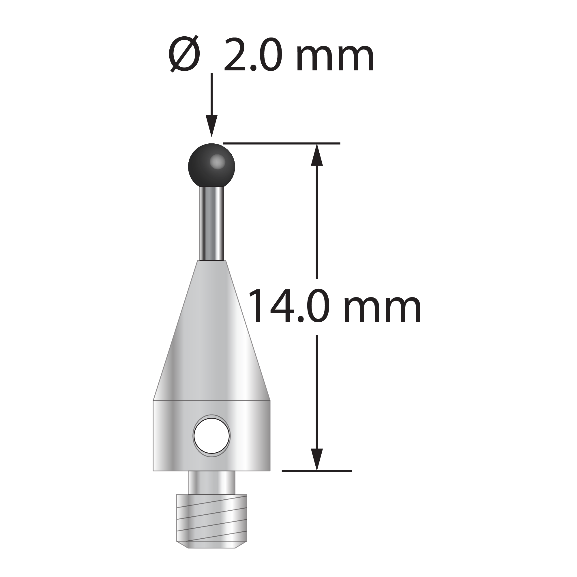 M3 XXT stylus with 2.0 mm diameter silicon nitride ball, 1.0 mm diameter carbide stem, and 5.0 mm diameter x 9.0 mm long titanium base. Overall stylus length is 14.0 mm. Stylus weight is 0.58 gram. Compare to Zeiss 626113-0201-014.