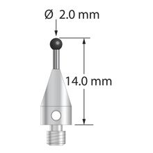 M3 XXT stylus with 2.0 mm diameter silicon nitride ball, 1.0 mm diameter carbide stem, and 5.0 mm diameter x 9.0 mm long titanium base. Overall stylus length is 14.0 mm. Stylus weight is 0.58 gram. Compare to Zeiss 626113-0201-014.