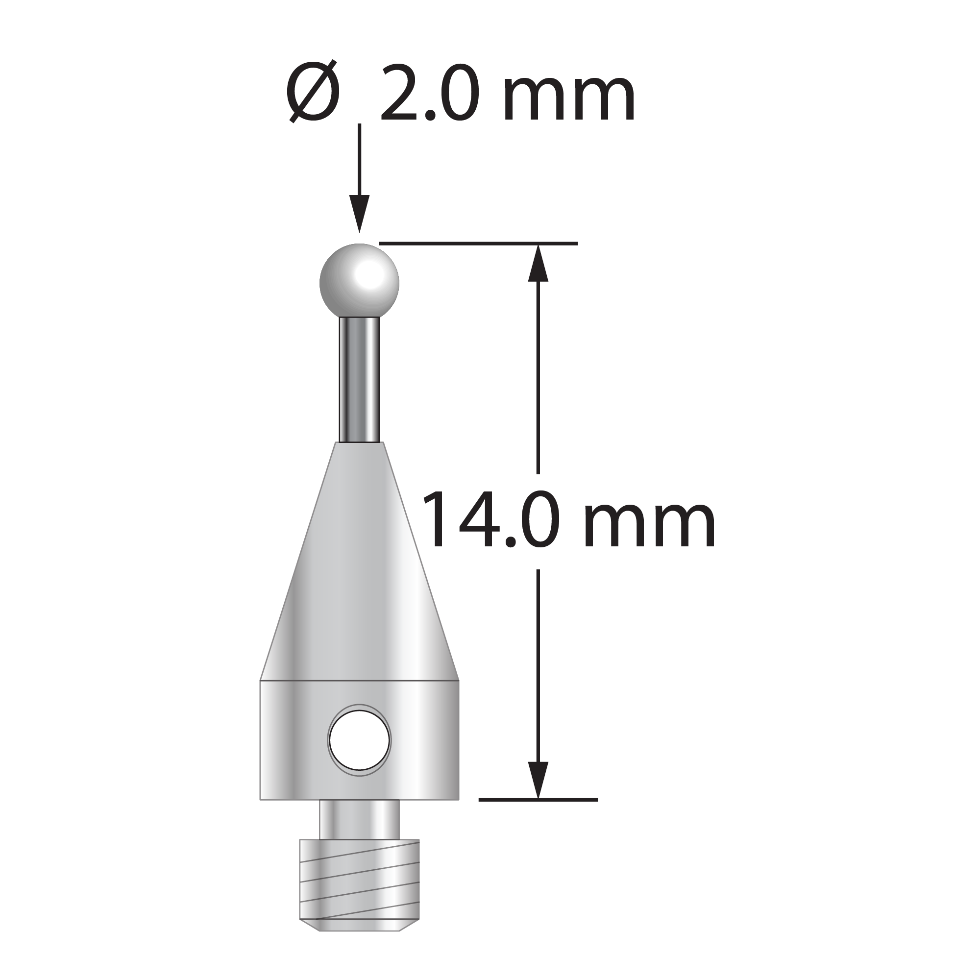 M3 XXT stylus with 2.0 mm diameter zirconia ball, 1.0 mm diameter carbide stem, and 5.0 mm diameter x 9.0 mm long titanium base. Overall stylus length is 14.0 mm. Stylus weight is 0.58 gram.