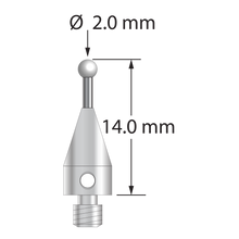 M3 XXT stylus with 2.0 mm diameter zirconia ball, 1.0 mm diameter carbide stem, and 5.0 mm diameter x 9.0 mm long titanium base. Overall stylus length is 14.0 mm. Stylus weight is 0.58 gram.