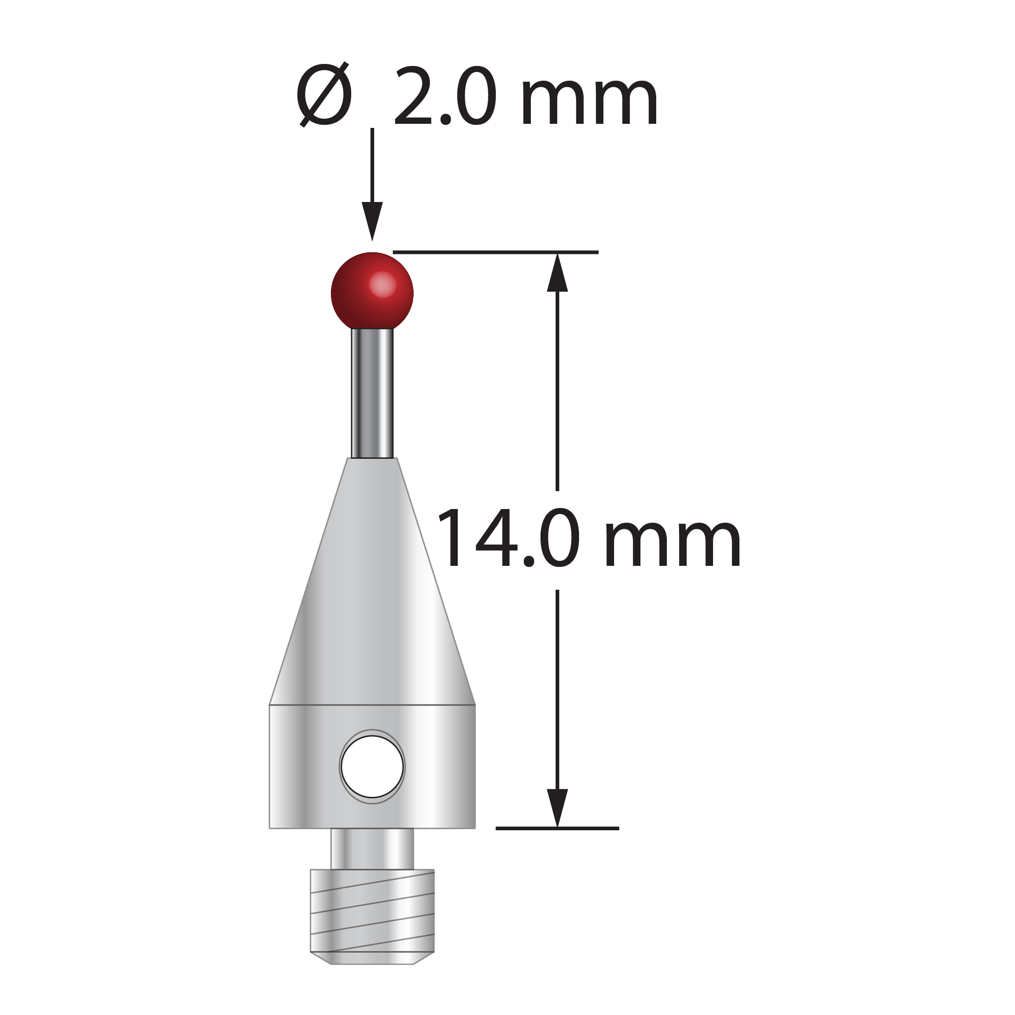 M3 XXT stylus with 2.0 mm diameter ruby ball, 1.0 mm diameter carbide stem, and 5.0 mm diameter x 9.0 mm long titanium base. Overall stylus length is 14.0 mm. Stylus weight is 0.58 gram. Compare to Zeiss 626113-0200-014.
