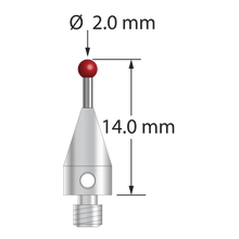 M3 XXT stylus with 2.0 mm diameter ruby ball, 1.0 mm diameter carbide stem, and 5.0 mm diameter x 9.0 mm long titanium base. Overall stylus length is 14.0 mm. Stylus weight is 0.58 gram. Compare to Zeiss 626113-0200-014.