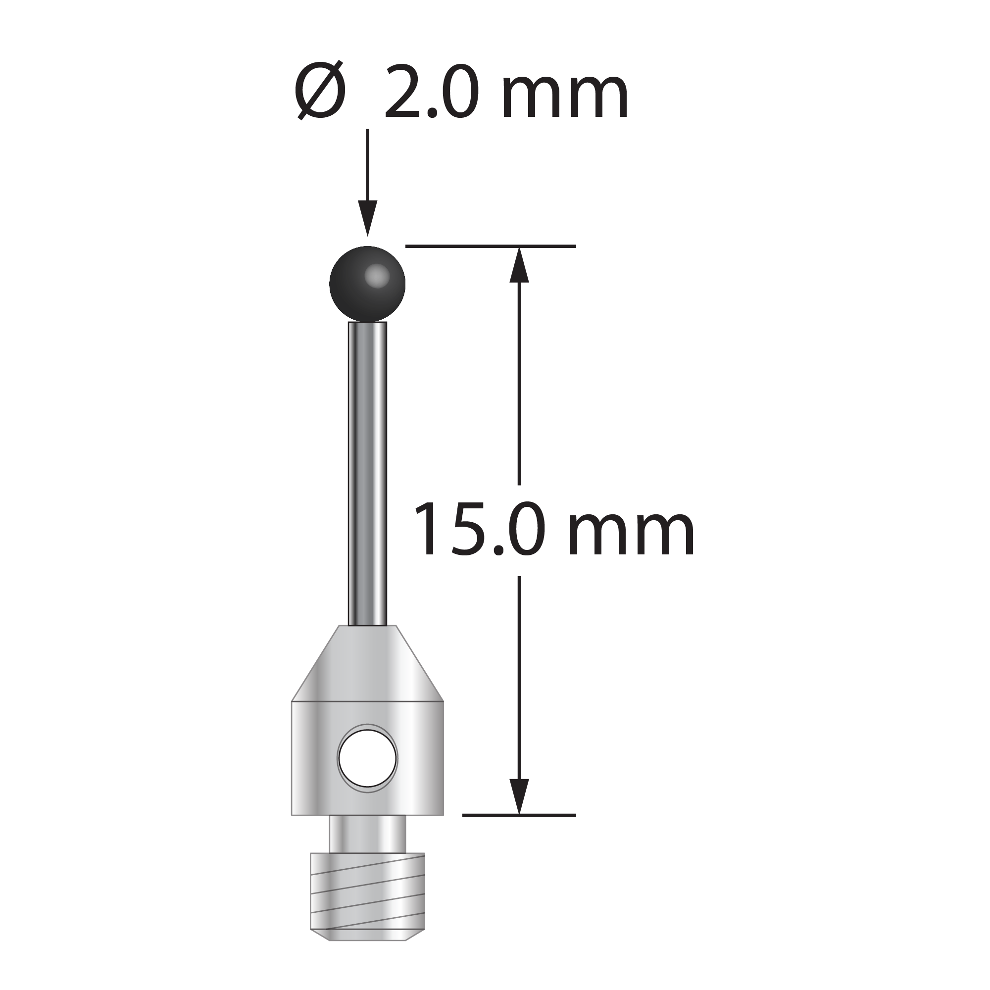 M3 stylus with 2.0 mm diameter silicon nitride ball, 1.0 mm diameter carbide stem, and 4.0 mm diameter x 5.0 mm long stainless steel base. Overall stylus length is 15.0 mm. Stylus weight is 0.56 gram.