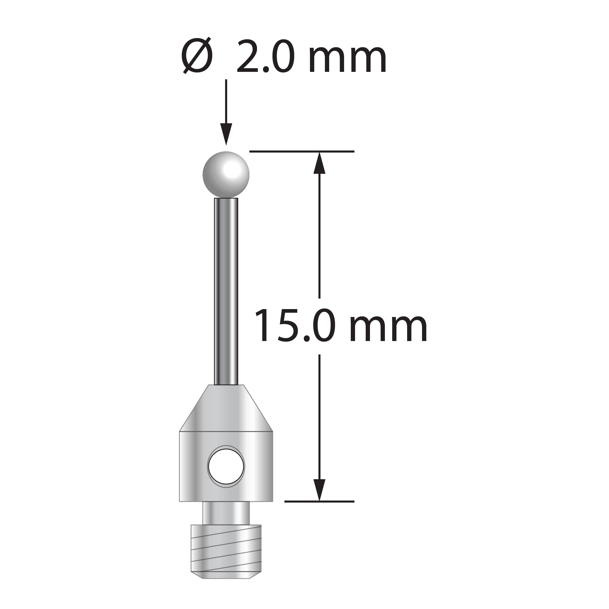 M3 stylus with 2.0 mm diameter zirconia ball, 1.0 mm diameter carbide stem, and 4.0 mm diameter x 5.0 mm long stainless steel base. Overall stylus length is 15.0 mm. Stylus weight is 0.56 gram.