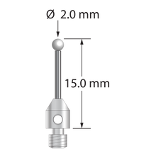 M3 stylus with 2.0 mm diameter zirconia ball, 1.0 mm diameter carbide stem, and 4.0 mm diameter x 5.0 mm long stainless steel base. Overall stylus length is 15.0 mm. Stylus weight is 0.56 gram.