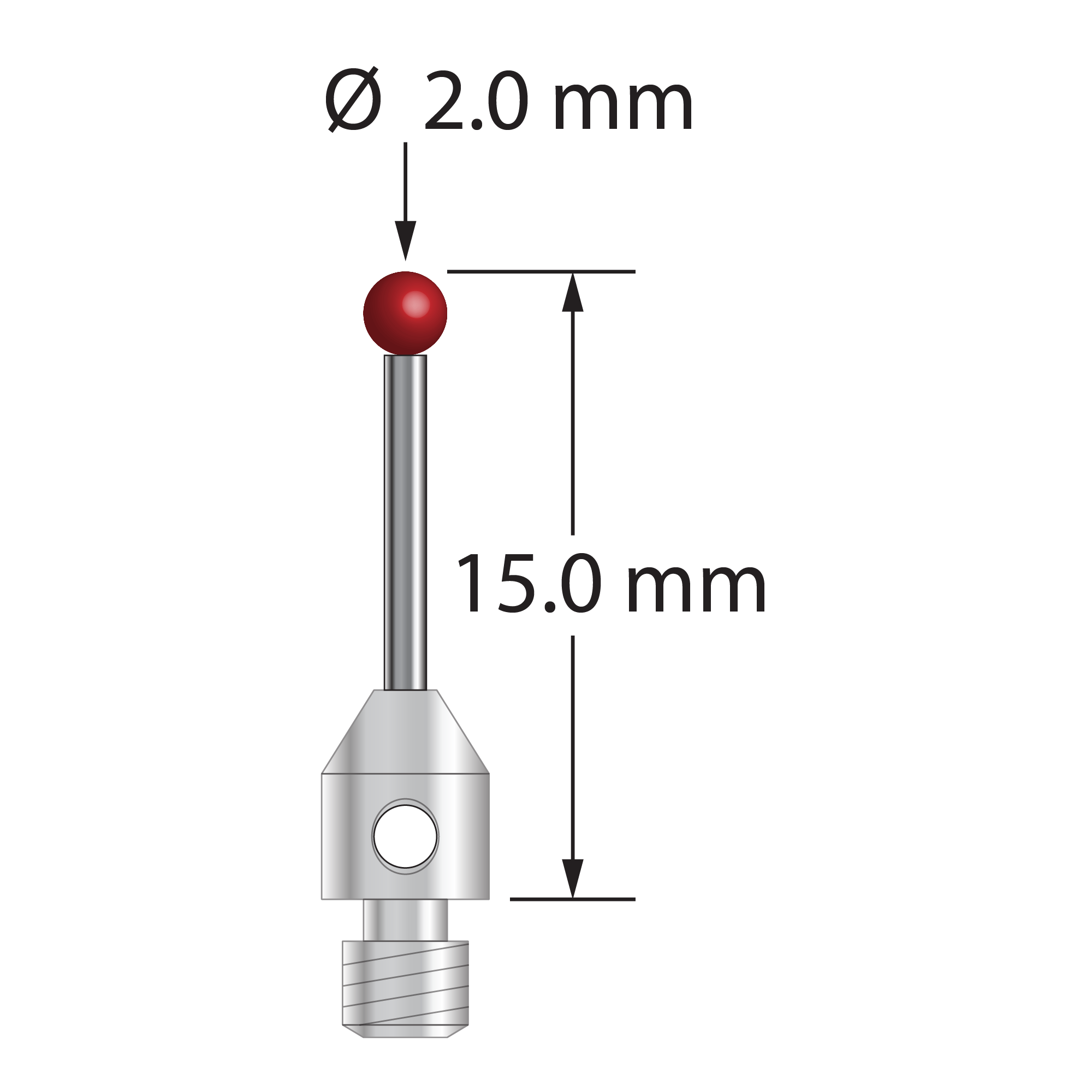 M3 stylus with 2.0 mm diameter ruby ball, 1.0 mm diameter carbide stem, and 4.0 mm diameter x 5.0 mm long stainless steel base. Overall stylus length is 15.0 mm. Stylus weight is 0.56 gram.