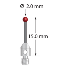 M3 stylus with 2.0 mm diameter ruby ball, 1.0 mm diameter carbide stem, and 4.0 mm diameter x 5.0 mm long stainless steel base. Overall stylus length is 15.0 mm. Stylus weight is 0.56 gram.