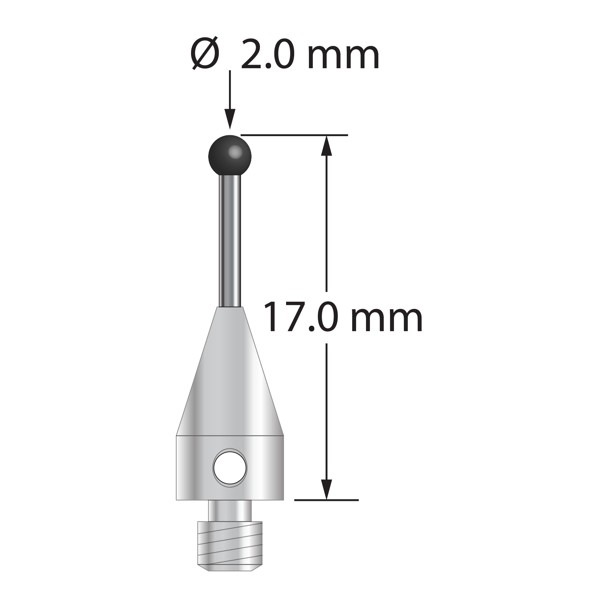 M3 XXT stylus with 2.0 mm diameter silicon nitride ball, 1.0 mm diameter carbide stem, and 5.0 mm diameter x 9.0 mm long titanium base. Overall stylus length is 17.0 mm. Stylus weight is 0.61 gram.