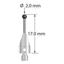 M3 XXT stylus with 2.0 mm diameter silicon nitride ball, 1.0 mm diameter carbide stem, and 5.0 mm diameter x 9.0 mm long titanium base. Overall stylus length is 17.0 mm. Stylus weight is 0.61 gram.