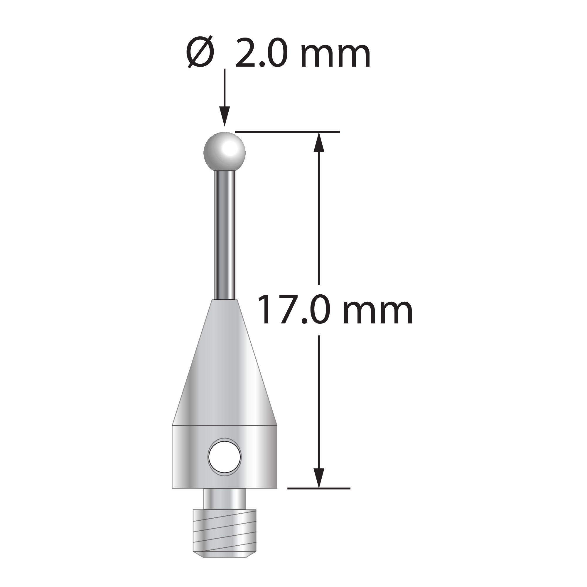 M3 XXT stylus with 2.0 mm diameter zirconia ball, 1.0 mm diameter carbide stem, and 5.0 mm diameter x 9.0 mm long titanium base. Overall stylus length is 17.0 mm. Stylus weight is 0.61 gram.