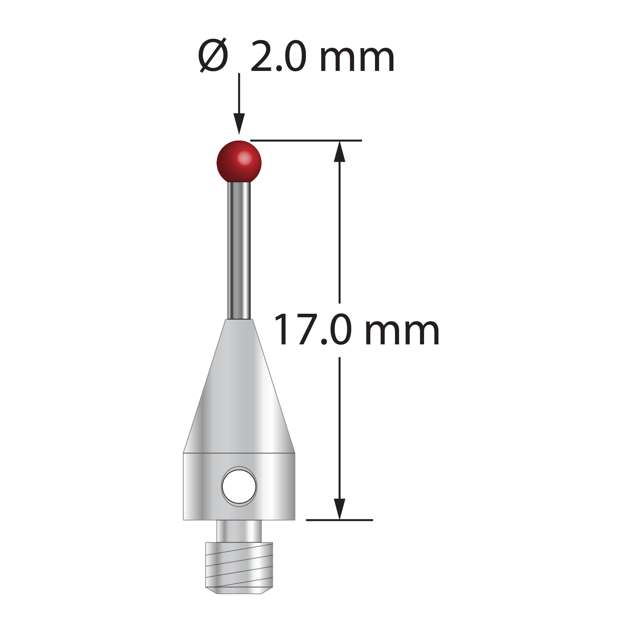 M3 XXT stylus with 2.0 mm diameter ruby ball, 1.0 mm diameter carbide stem, and 5.0 mm diameter x 9.0 mm long titanium base. Overall stylus length is 17.0 mm. Stylus weight is 0.61 gram. Compare to Zeiss 626113-0200-017.
