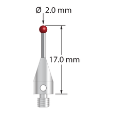 M3 XXT stylus with 2.0 mm diameter ruby ball, 1.0 mm diameter carbide stem, and 5.0 mm diameter x 9.0 mm long titanium base. Overall stylus length is 17.0 mm. Stylus weight is 0.61 gram. Compare to Zeiss 626113-0200-017.
