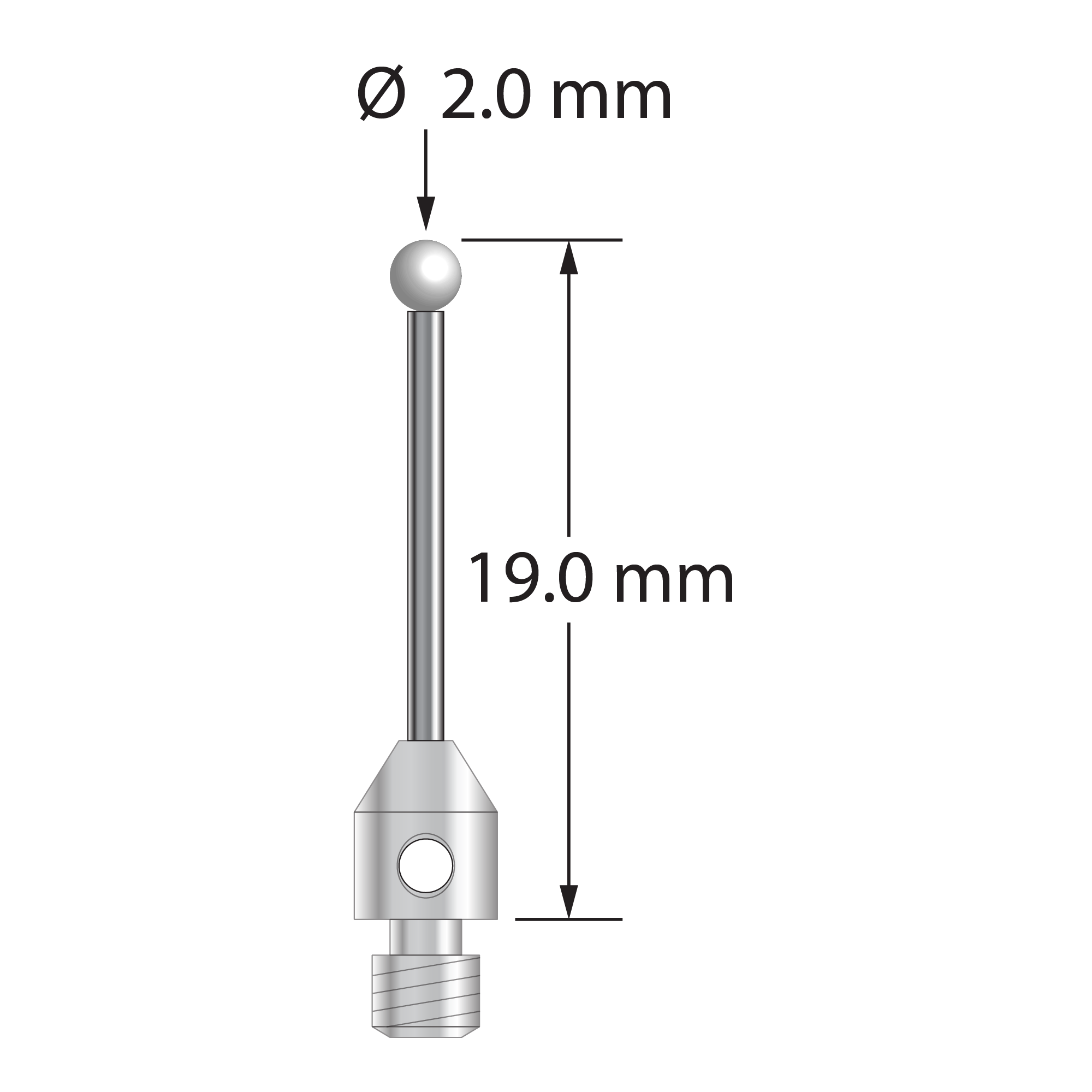 M3 stylus with 2.0 mm diameter zirconia ball, 1.0 mm diameter carbide shaft, and 4.0 mm diameter x 5.0 mm long stainless steel base. Overall stylus length is 19.0 mm. Stylus weight is 0.60 gram.