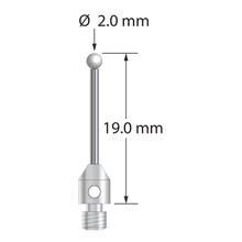 M3 stylus with 2.0 mm diameter zirconia ball, 1.0 mm diameter carbide shaft, and 4.0 mm diameter x 5.0 mm long stainless steel base. Overall stylus length is 19.0 mm. Stylus weight is 0.60 gram.