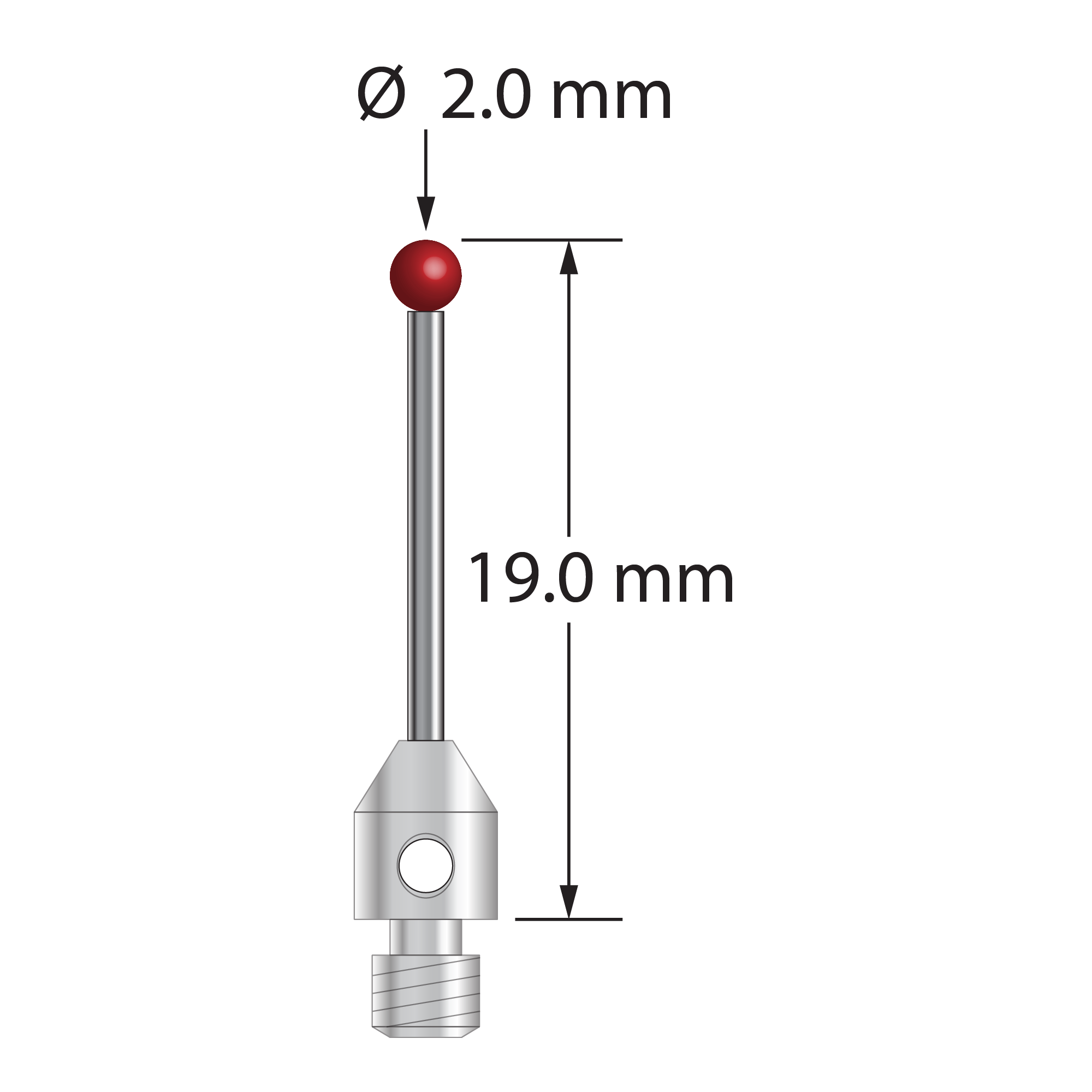 M3 stylus with 2.0 mm diameter ruby ball, 1.0 mm diameter carbide shaft, and 4.0 mm diameter x 5.0 mm long stainless steel base. Overall stylus length is 19.0 mm. Stylus weight is 0.60 gram.