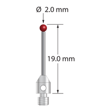 M3 stylus with 2.0 mm diameter ruby ball, 1.0 mm diameter carbide shaft, and 4.0 mm diameter x 5.0 mm long stainless steel base. Overall stylus length is 19.0 mm. Stylus weight is 0.60 gram.
