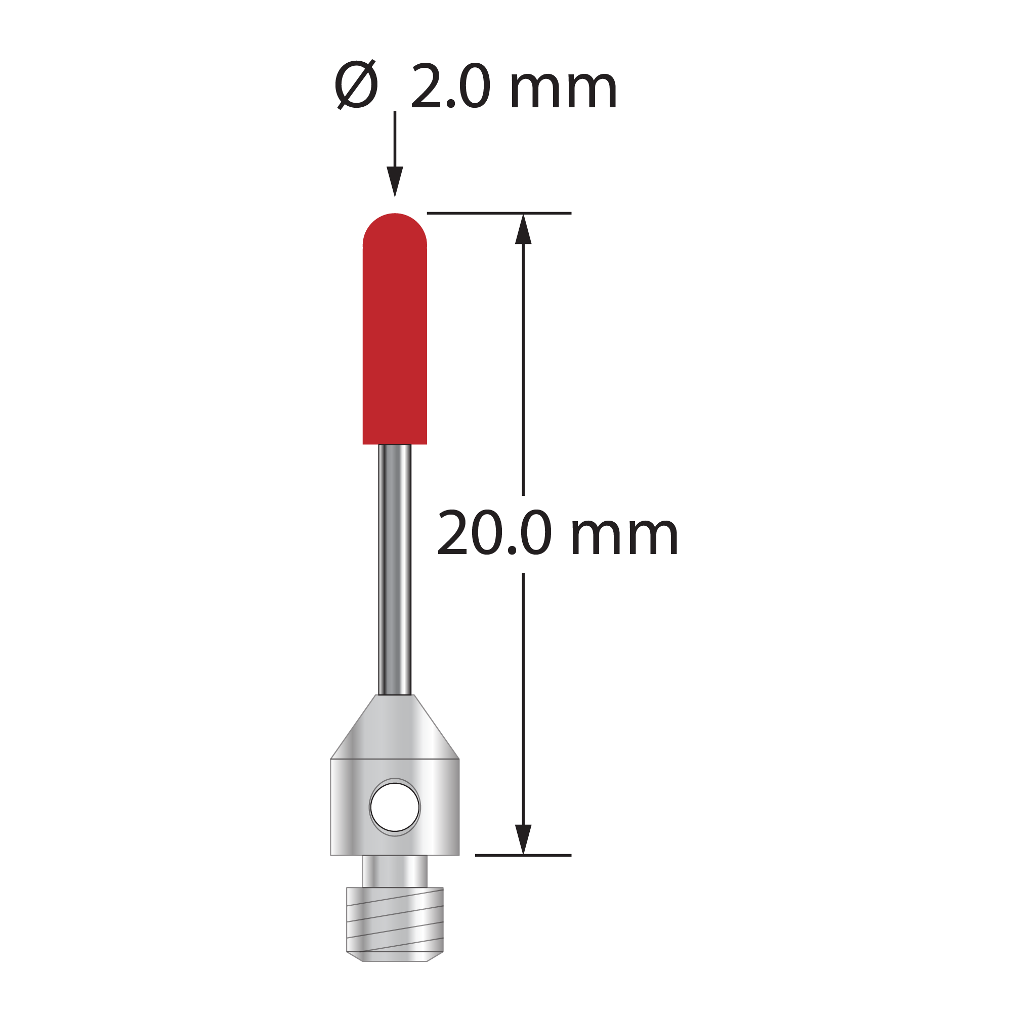 M3 cylinder stylus with 2.0 mm diameter x 7.2 mm long ruby cylinder, 1.0 mm diameter carbide stem, and 4.0 mm diameter x 5.0 mm long stainless steel base. Overall stylus length is 20.0 mm. Stylus weight is 0.62 gram. Compare to Zeiss 602030-8107-000 and Mitutoyo K651155.