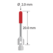 M3 cylinder stylus with 2.0 mm diameter x 7.2 mm long ruby cylinder, 1.0 mm diameter carbide stem, and 4.0 mm diameter x 5.0 mm long stainless steel base. Overall stylus length is 20.0 mm. Stylus weight is 0.62 gram. Compare to Zeiss 602030-8107-000 and Mitutoyo K651155.