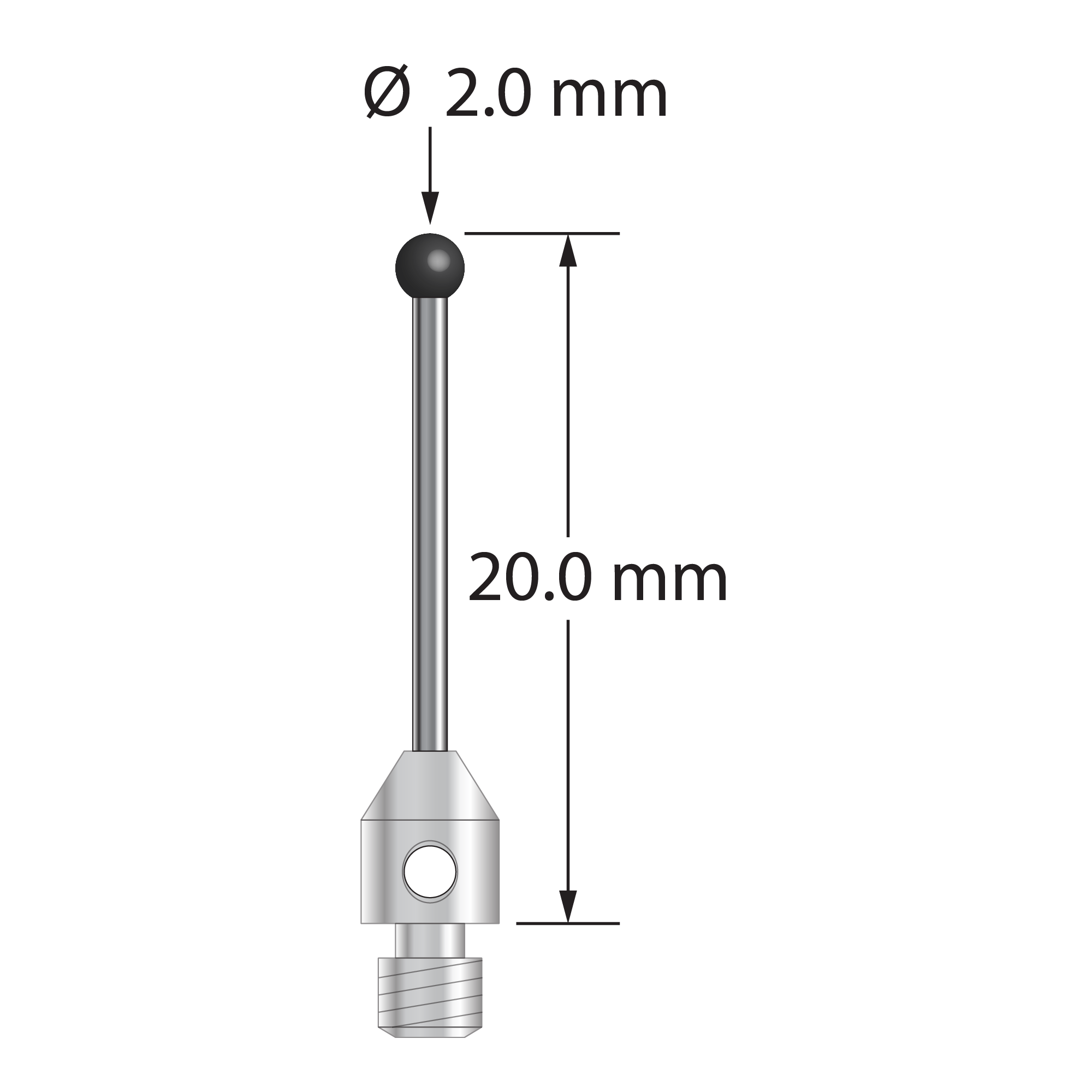 M3 stylus with 2.0 mm diameter silicon nitride ball, 1.0 mm diameter carbide stem, and 4.0 mm diameter x 5.0 mm long stainless steel base. Overall stylus length is 20.0 mm. Stylus weight is 0.61 gram.