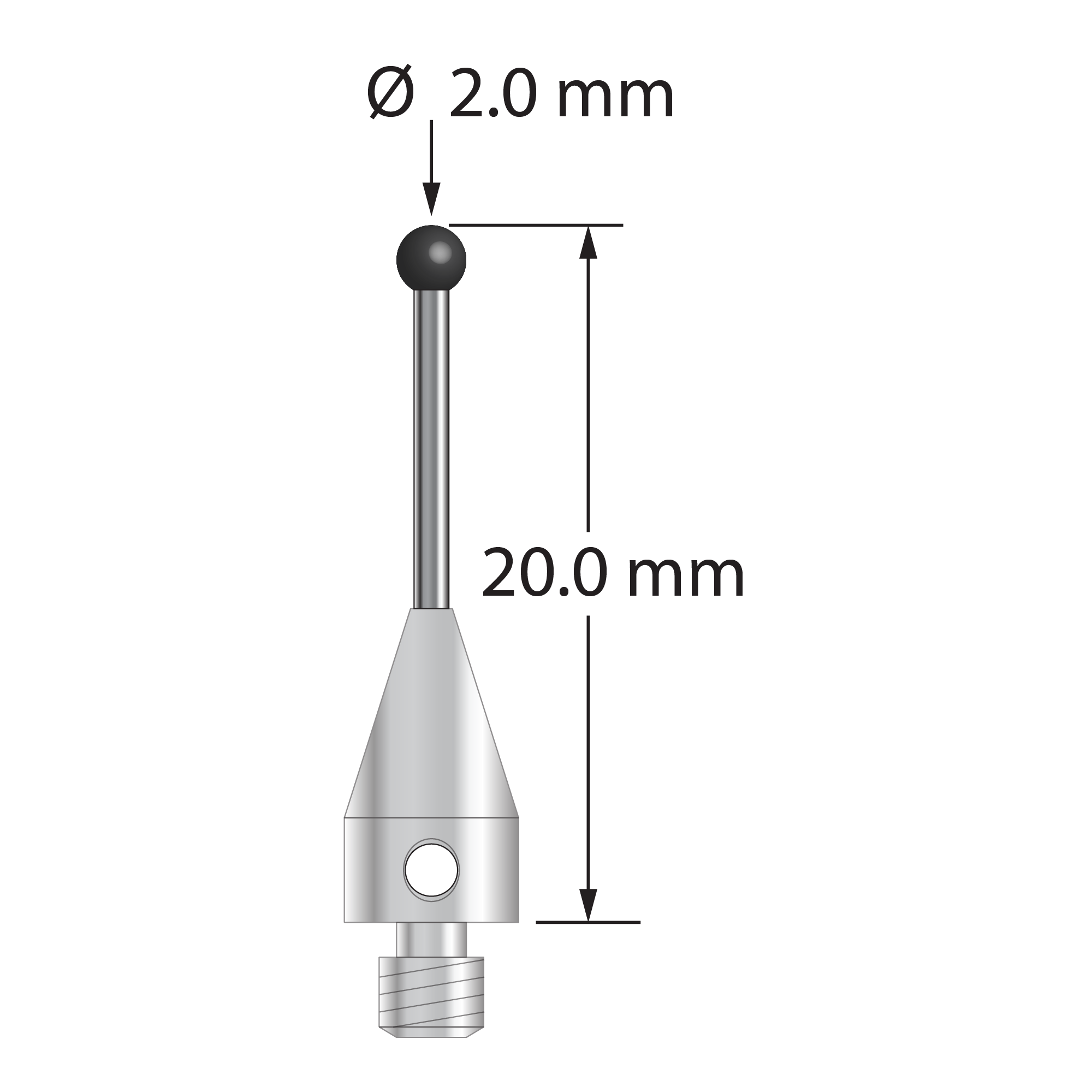 M3 XXT stylus with 2.0 mm diameter silicon nitride ball, 1.0 mm diameter carbide stem, and 5.0 mm diameter x 9.0 mm long titanium base. Overall stylus length is 20.0 mm. Stylus weight is 0.64 gram. Compare to Zeiss 626113-0203-020.