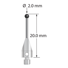 M3 XXT stylus with 2.0 mm diameter silicon nitride ball, 1.0 mm diameter carbide stem, and 5.0 mm diameter x 9.0 mm long titanium base. Overall stylus length is 20.0 mm. Stylus weight is 0.64 gram. Compare to Zeiss 626113-0203-020.